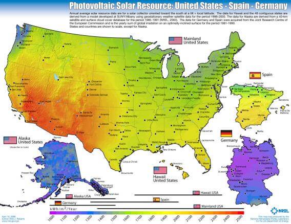 Solar PV resource comparison USA Spain Germany -- From NREL